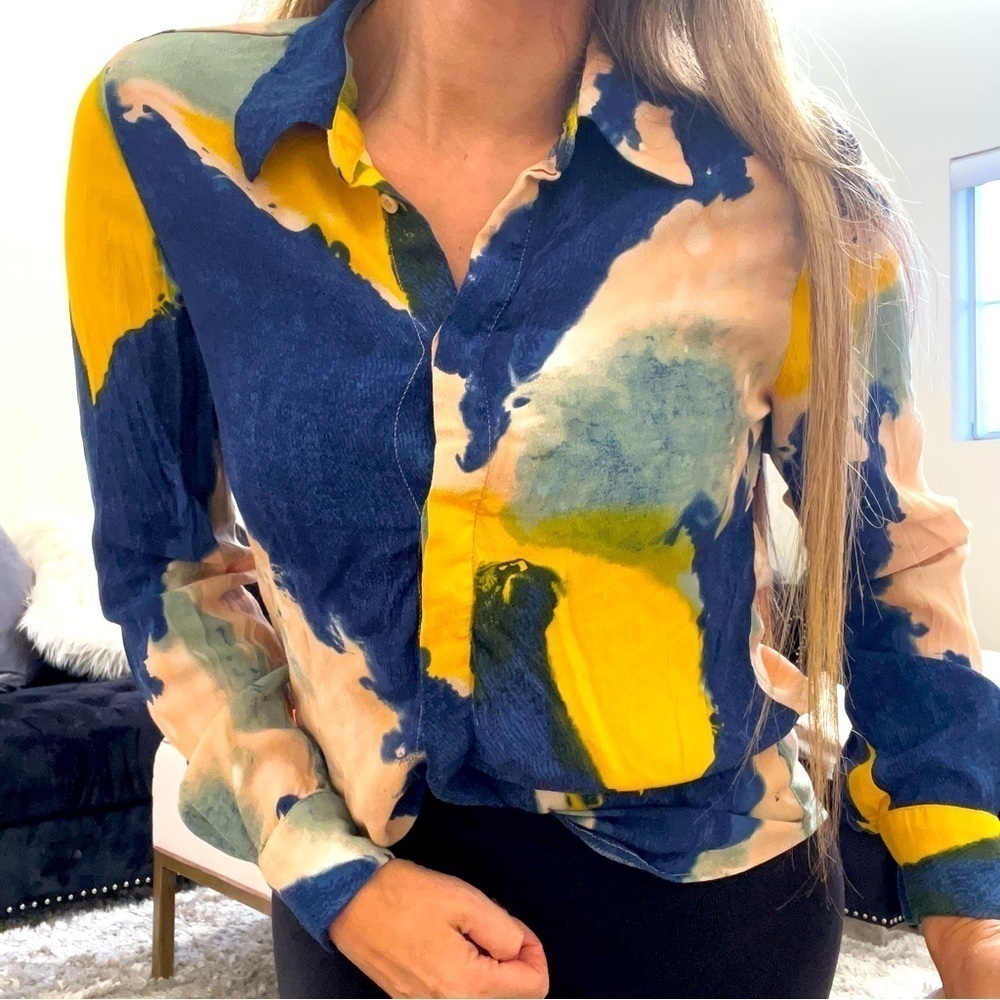 Tie Dye Blue Yellow Button Up V Neckline Long Sleeves Blouse Top Boho Y2K  S